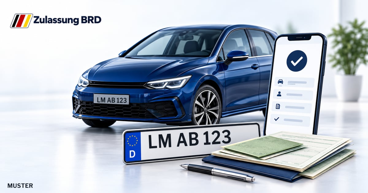 Online Fahrzeugzulassung in Runkel: Musterkennzeichen LM AB 123, Auto und Fahrzeugpapiere und Smartphone. Illustration mit Logo von Zulassung BRD.